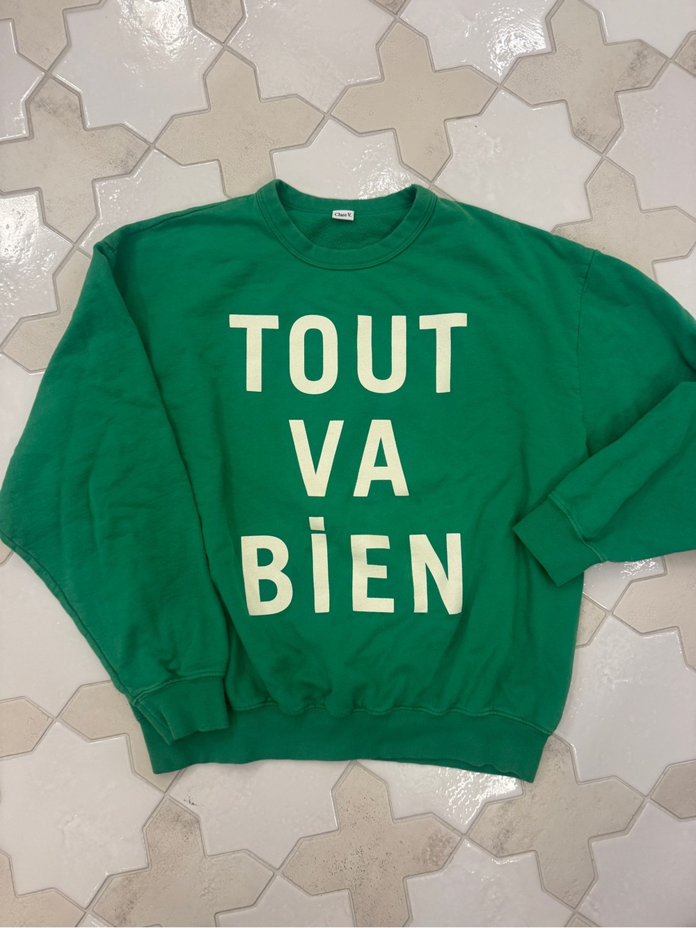 Clare V 'TOUT VA BIEN' Graphic Crewneck Sweater - size L - Picture 3 of 7